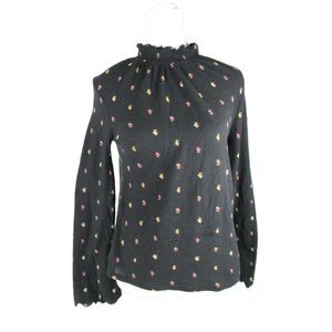 Madewell Texture&Thread Black Print Top Smocked Collar & Cuffs Cotton XS (B1-85)